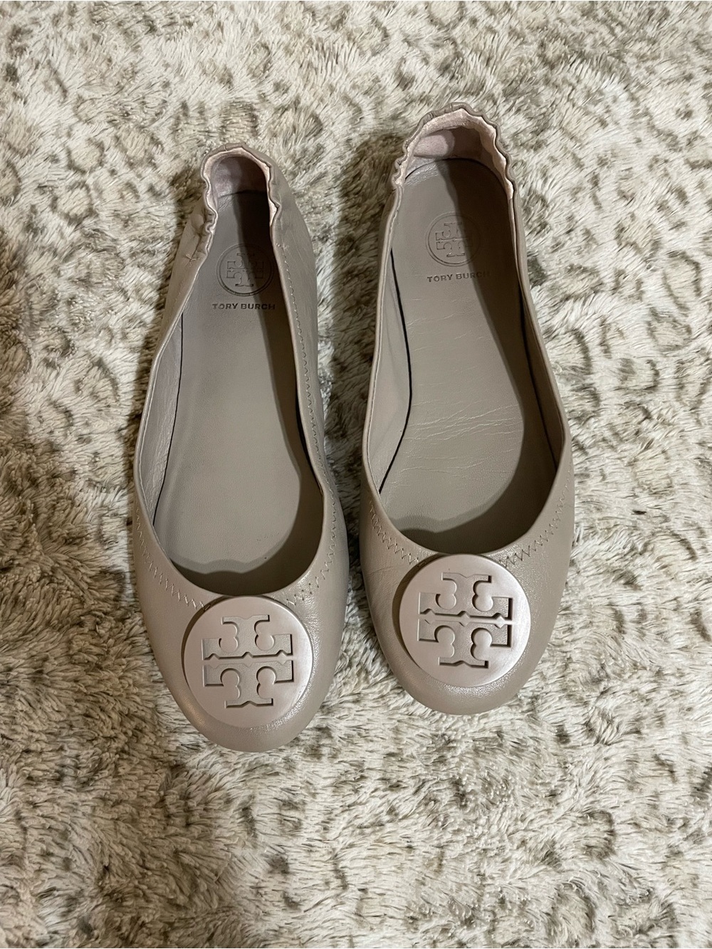 Tory Burch Taupe Leather Logo Ballet Flats